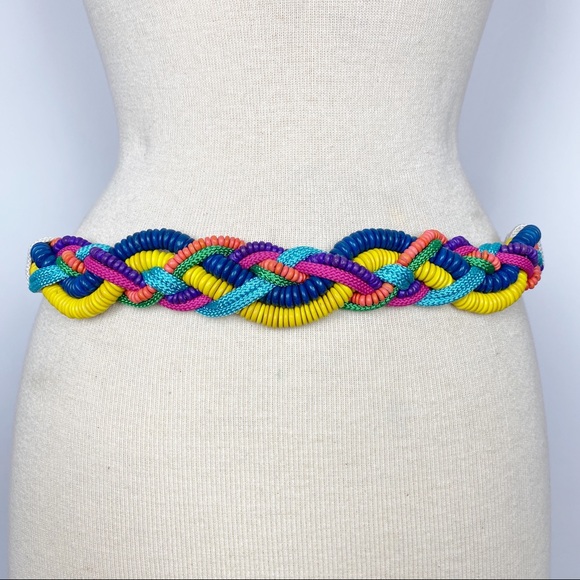Vintage Accessories - Vtg 80s rainbow beaded woven rope statement belt